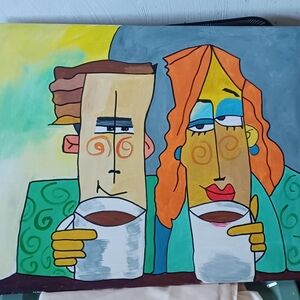 Original Vibrant Couple Coffee Acrylic Painting Original